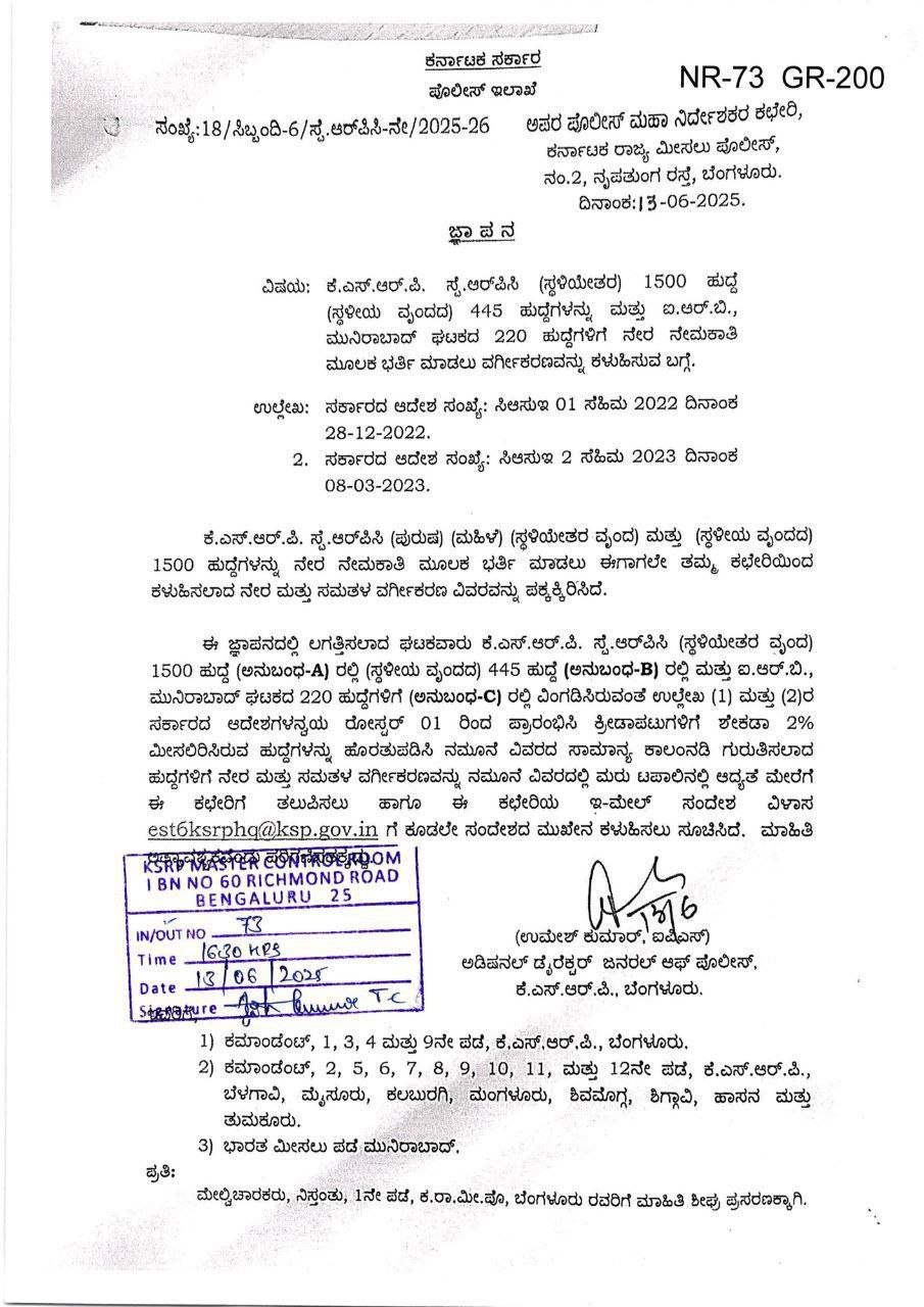 KSP Recruitment 2025 - Apply Online for 2165 Special RPC